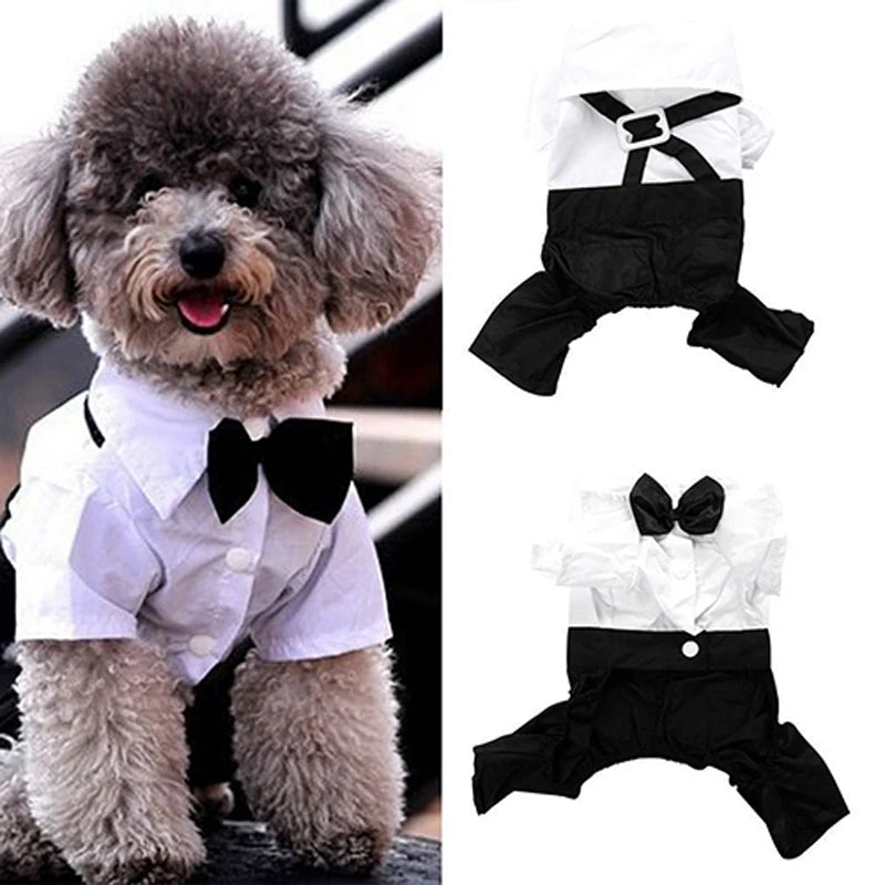 Pet Clothes Puppy Dog Jumpsuit Suit Bow Tie Tuxedo Shirt Stylish Formal Wedding Apparel - S M L XL XXL - White Black 20A