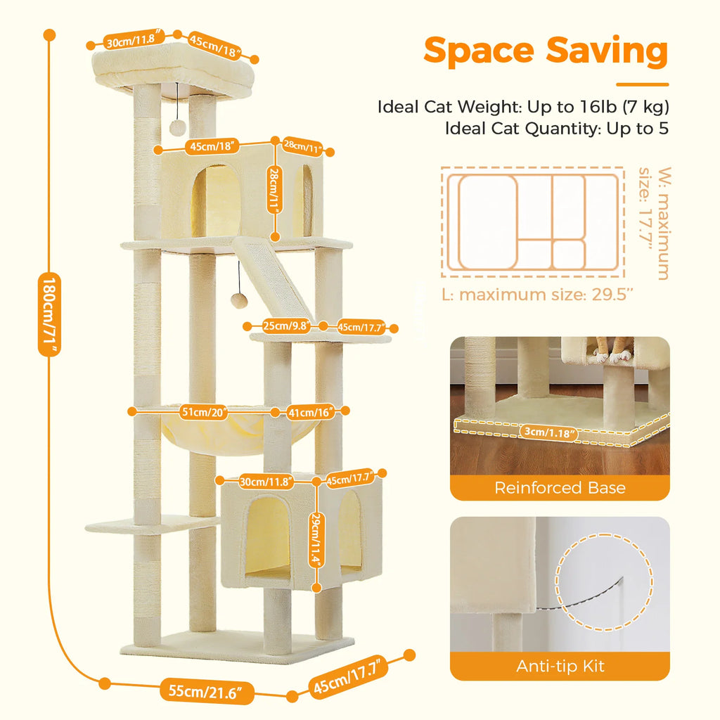 Tall Cat Tree with Scratching Posts Cozy Hammock Top Perch Multi-Level Large Cat Tower Spacious Cat Condo for Indoor Cat Toys