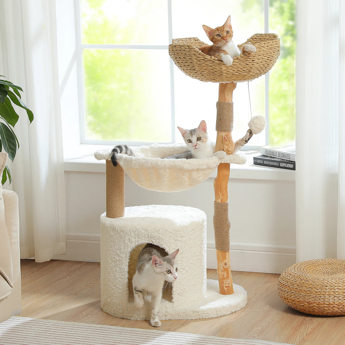 Modern Cat Tree Tower with Natural Solid Wood Scratching Posts Spacious Wicker Basket Luxury Cat Condo Bed for Indoor Cat Toys