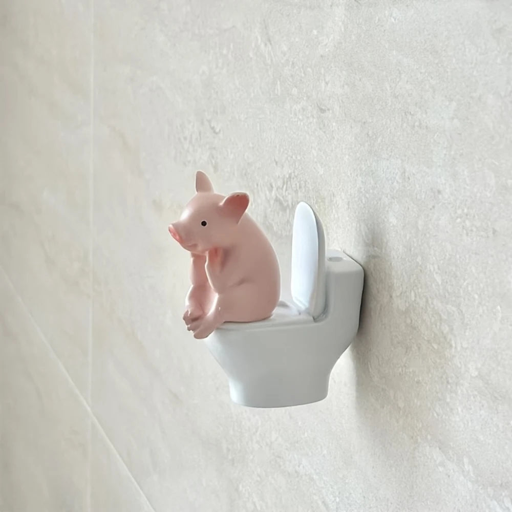 Comfortable Toilet Pet Pig Sitting on a Toilet Seat, Cute, Fun, Elegant, Toilet Pig Desk Accessory, Bathroom Decoration.