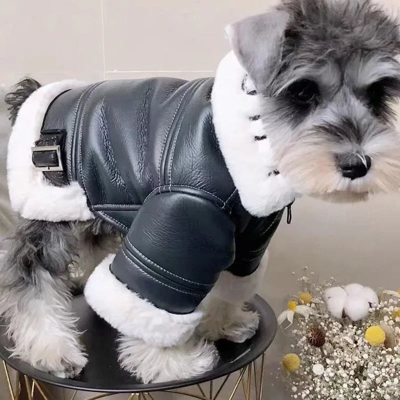 Winter Dog Coat Jacket Faux Leather Fleece Teddy Warm Pet Puppy Clothing Apparel