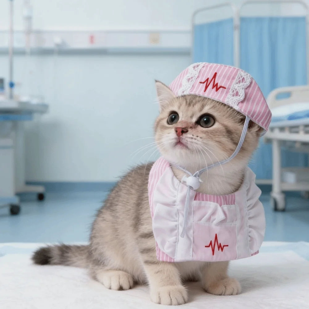 Cat Dog Apparel Funny Cat Nurse Outfit Adjustable Nurse Hat Pet Cosplay Clothes Breathable Cat Transformation Dress Pet Party