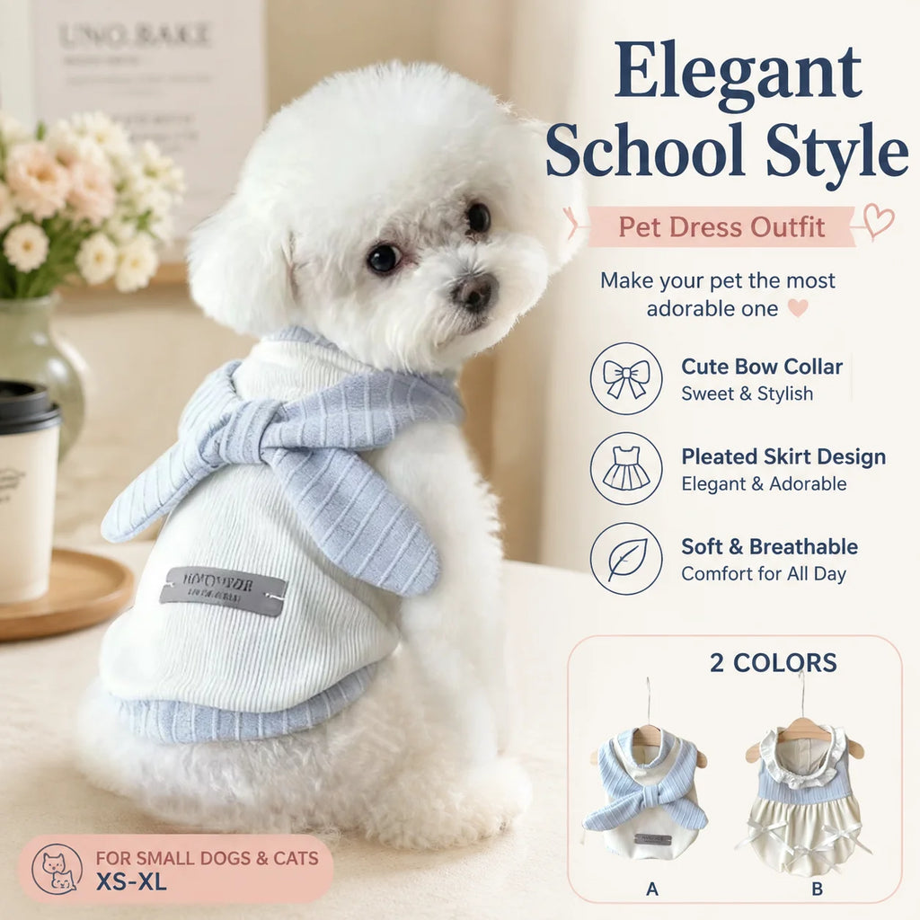 Puppy Dog Dress School Uniform Style, Cute Bow Knit Pet Clothes, Fashion Outfit for Small Dogs Cats