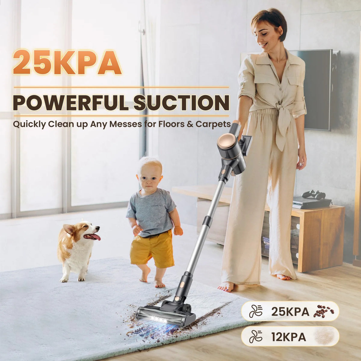 YISORA N8 Stick Vacuum Cleaner, 25Kpa Two Mode Lightweight Cordless Vacuum for Pet Hair, Carpet