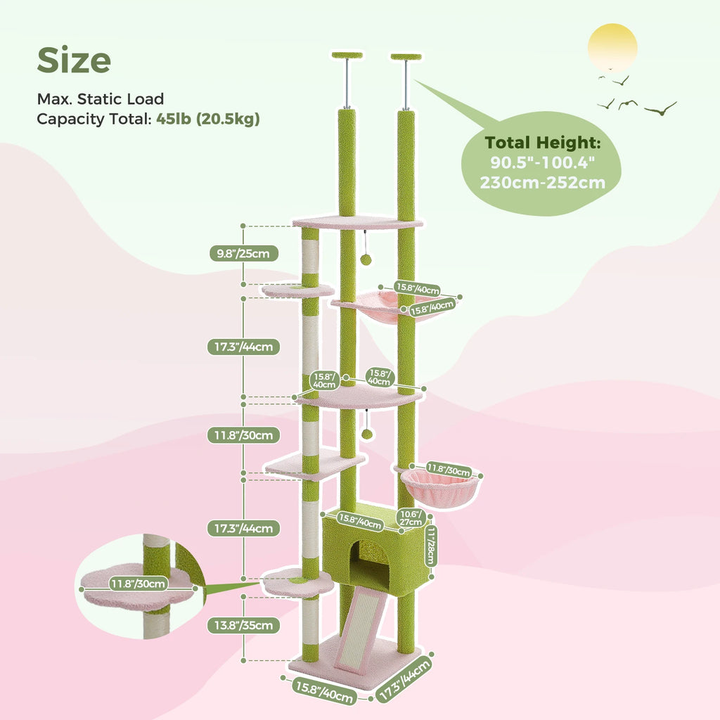 Cactus Cat Tree Floor to Ceiling Cat Tower Adjustable Height with Cat Condo Cozy Hammock and Scratching Post Tall Activity Tree