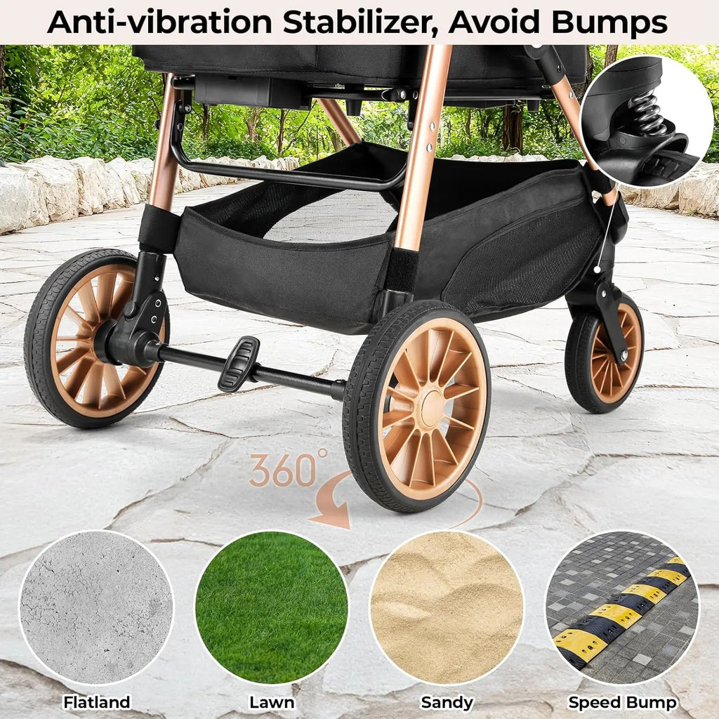 360° High Wheels Transport Foldable Cat Pet Stroller 2in1 Dog Buggy Stroller Dog Box Can Be Attached in Car, Max. load 25 kg