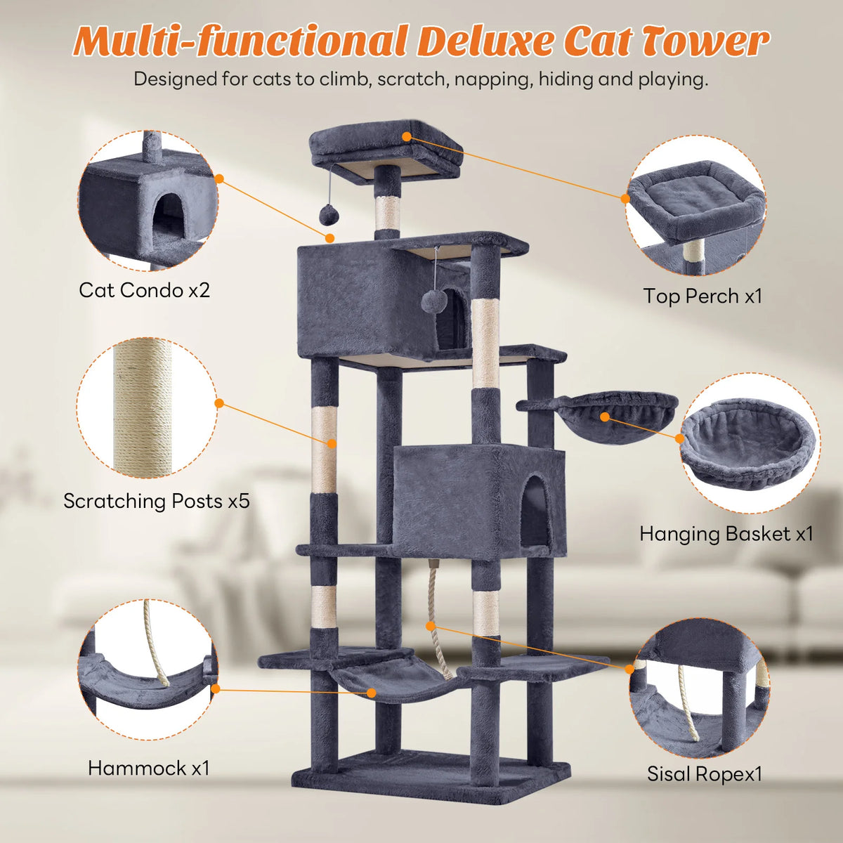 MCQ 66 Inch Cat Tree Tower Multi Level Cat Climbing Tower with Natural Sisal Scratching Posts Pet Condo for Indoor Cats Kittens