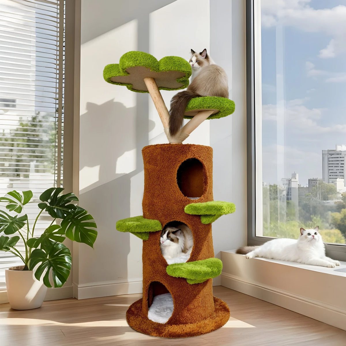 148CM Tall Indoor Cat Tree Tower Activity Tower Center for Large Cats with Flower-shaped Plush Stairs Condo
