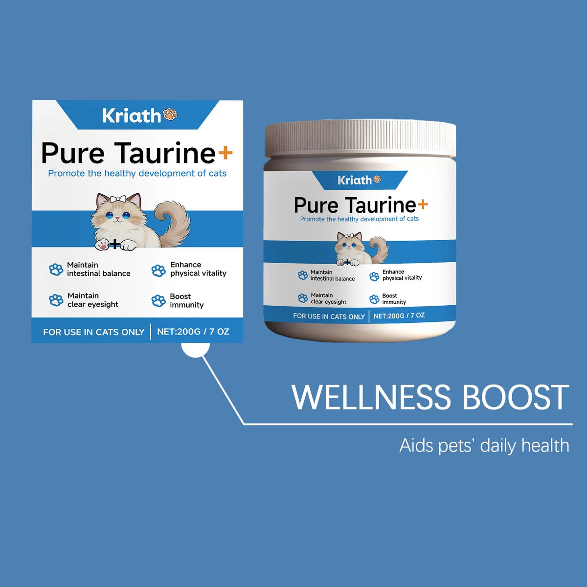 200g Cat Taurine Powder Mild Gentle Formula Pet Nutritional Supplement Daily Pet Body Health Support Care Powder for Cats & Dogs
