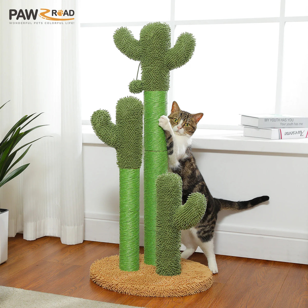 Cat Scratching Post with 3 Natural Scratching Poles and Interactive Dangling Ball, Cactus Cat Scratcher for Indoor, Cat Toys