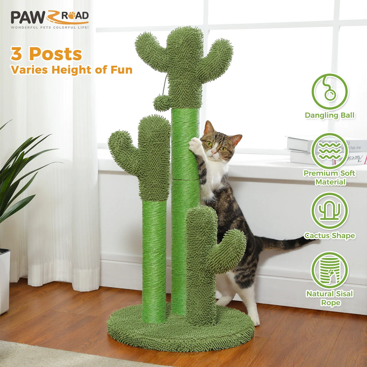 Cat Scratching Post with 3 Natural Scratching Poles and Interactive Dangling Ball, Cactus Cat Scratcher for Indoor, Cat Toys