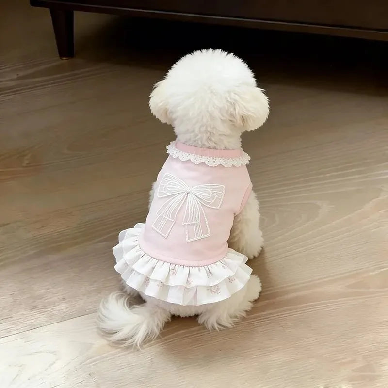 Pet Spring Summer Dress Thin Pink Bow Cute Skirt Breathable Clothes for Small Dog Cat Bichon Schnauzer Daily Apparel