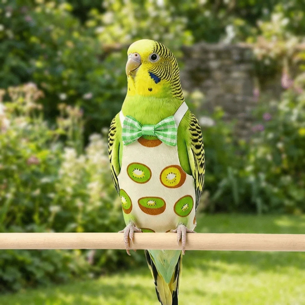 Pet Bird Apron Adjustable Pet Parrot Diaper Breathable Fruit Pattern Bird Nappy with Bowtie Soft Fabric Bird Vest Training