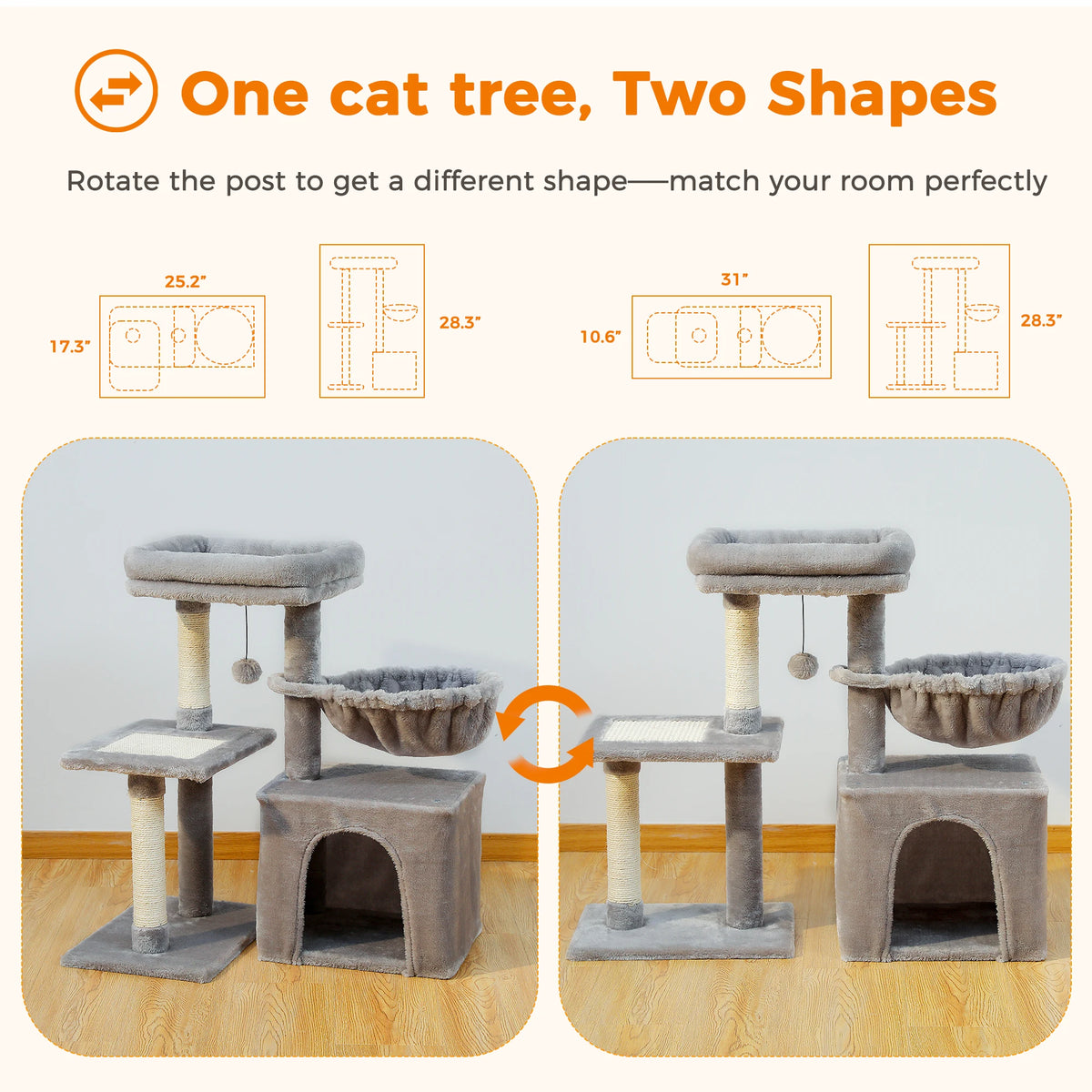 Cat Tree Cat Tower for Indoor Cats 2 Styles Cat Activity Tree with Cat Scratching Posts Big Hammock and Removable Top Perch Grey