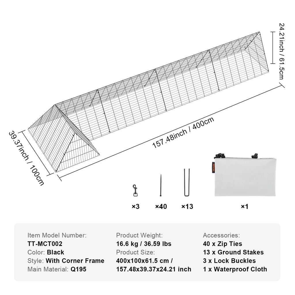 SucceBuy Chicken Tunnels 157.5 x 39.4 x 24.2 in Chicken Tunnels for Yard Portable Chicken Tunnels for Outside Corner Frames