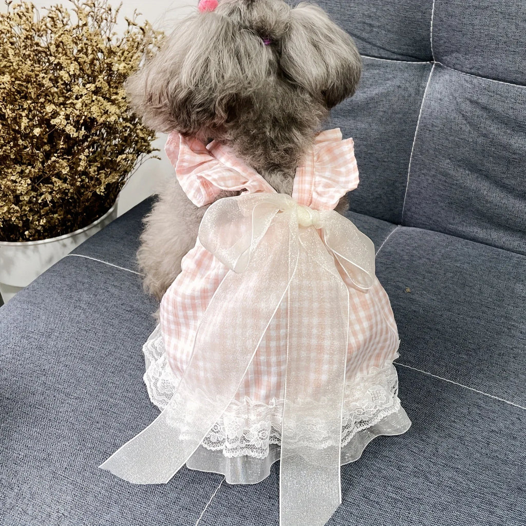 Cat and Dog Universal Pet Apparel - Fairy Bow, Lace Trim, Plaid Ribbon Skirt - Skin-Friendly Comfort, Suitable for All Seasons