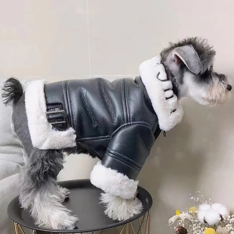 Winter Dog Coat Jacket Faux Leather Fleece Teddy Warm Pet Puppy Clothing Apparel