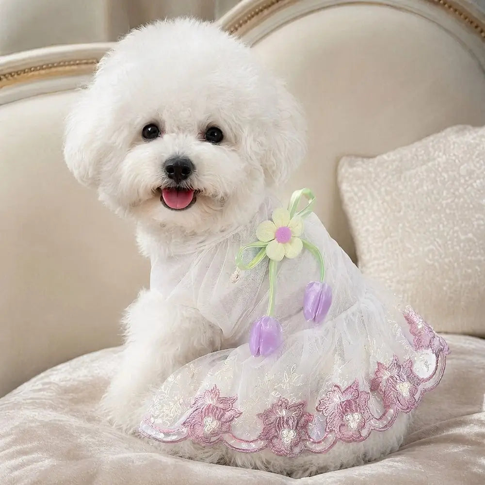 Pet Apparel Thin Mesh 3D Flower Pet Dress Lightweight Comfortable Dog Princess Dress Breathable Cat Strap Puff Skirt Cats Dogs