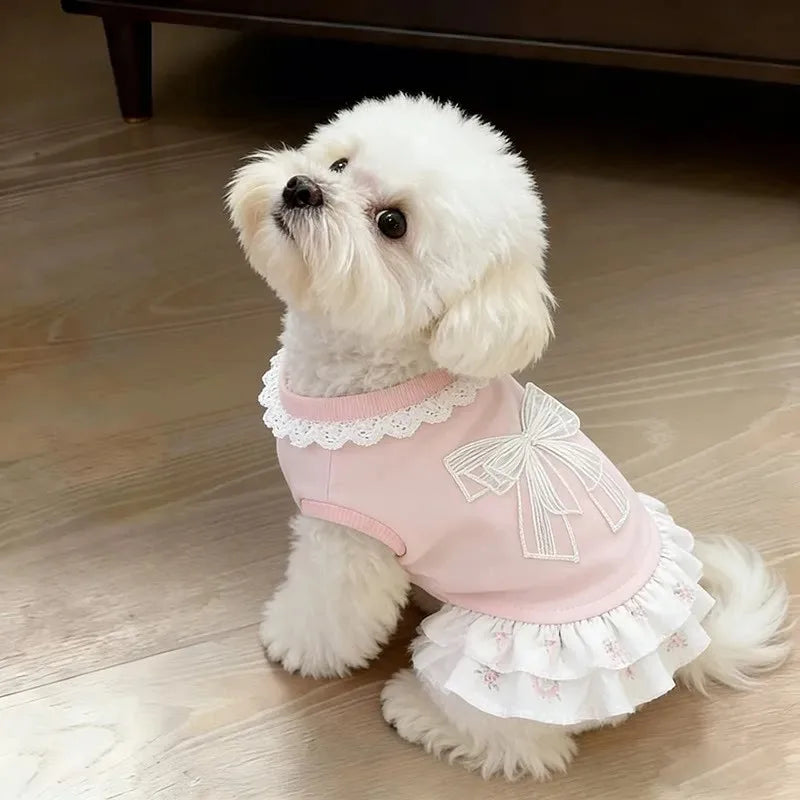 Pet Spring Summer Dress Thin Pink Bow Cute Skirt Breathable Clothes for Small Dog Cat Bichon Schnauzer Daily Apparel