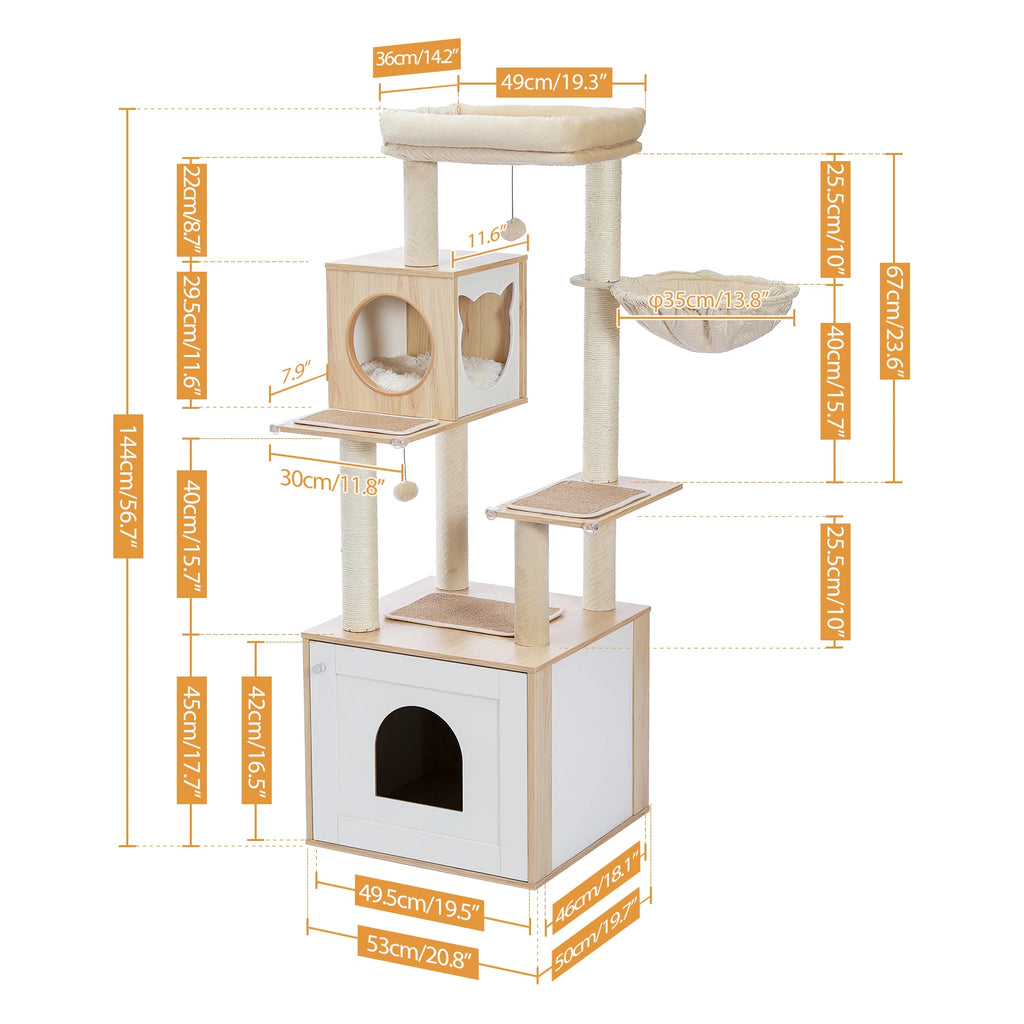 Cat Tree with Litter Box Enclosure Large Wood Cat Tower with Storage Cabinet and Cozy Cat Condo Sisal Covered Scratching Post