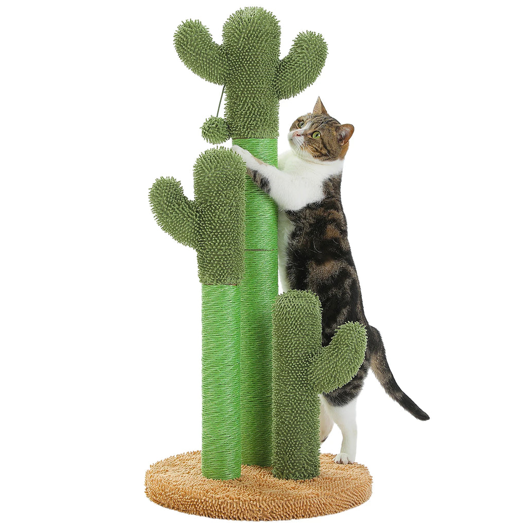 Cat Scratching Post with 3 Natural Scratching Poles and Interactive Dangling Ball, Cactus Cat Scratcher for Indoor, Cat Toys
