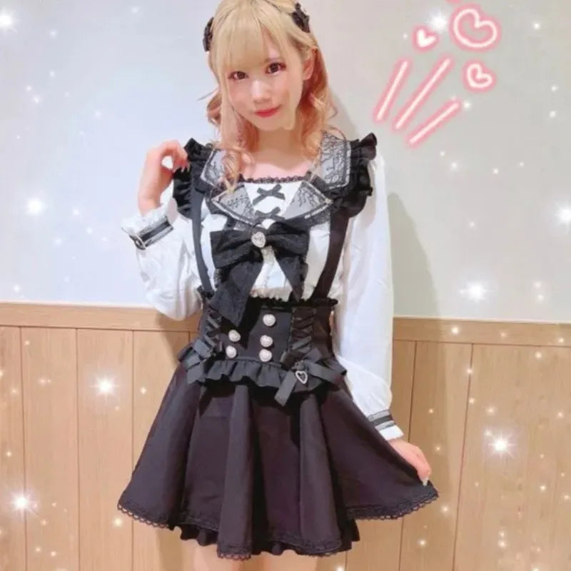 Japanese Gothic Lolita Ribbon Short Suspender plaid Skirt Girls Sweet Cute Lace A-Line Mini Skirts summer2025 black solid kawaii