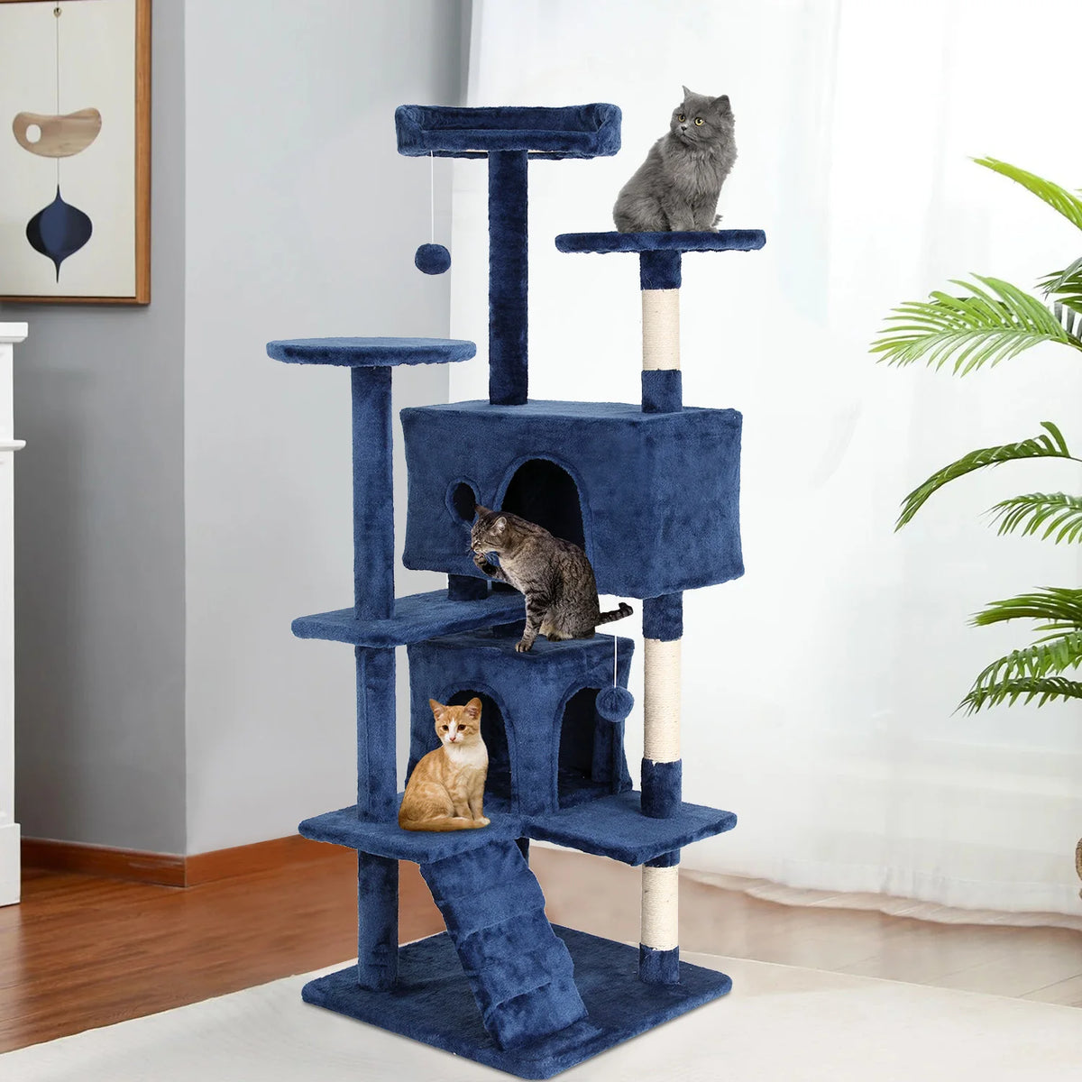 Cat Tree 54/70 Inch Cat Tower Cat Condo with Sisal-Covered Scratching Posts Dangling Ball for Cats to Play and Sleep
