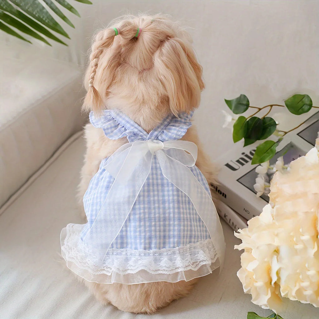 Cat and Dog Universal Pet Apparel - Fairy Bow, Lace Trim, Plaid Ribbon Skirt - Skin-Friendly Comfort, Suitable for All Seasons