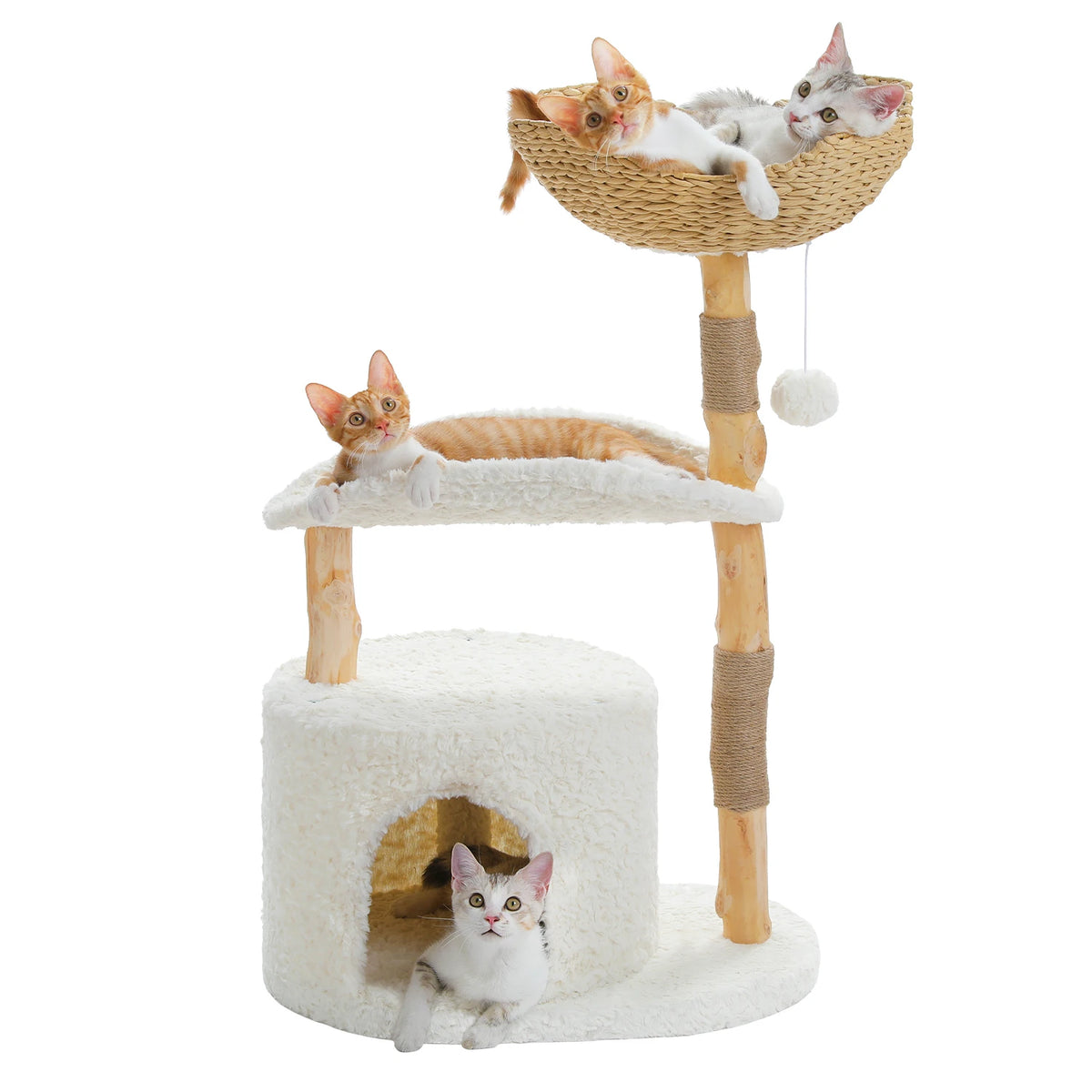 Modern Cat Tree Tower with Natural Solid Wood Scratching Posts Spacious Wicker Basket Luxury Cat Condo Bed for Indoor Cat Toys