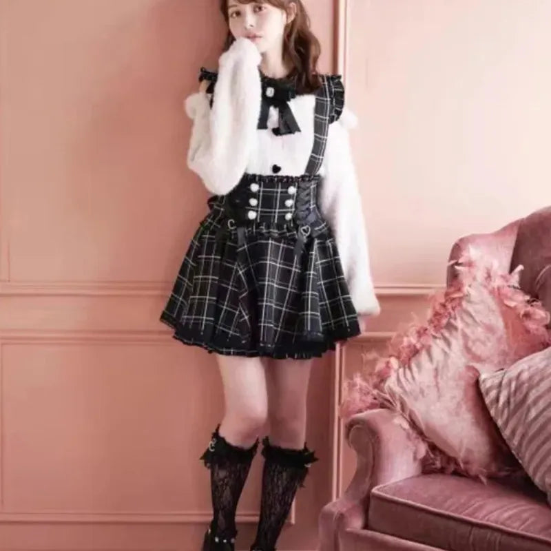 Japanese Gothic Lolita Ribbon Short Suspender plaid Skirt Girls Sweet Cute Lace A-Line Mini Skirts summer2025 black solid kawaii