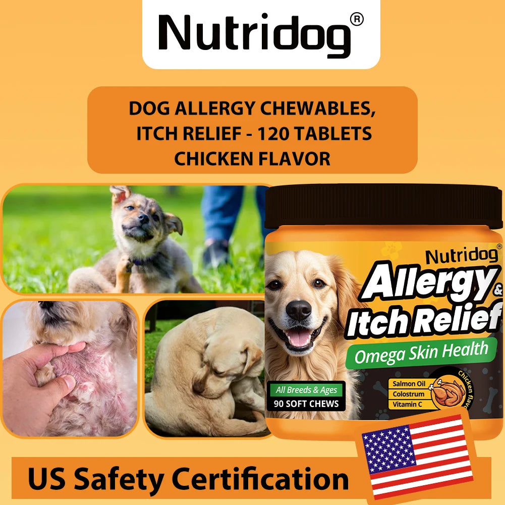 NUTRIDOG Dog Allergy Itch Relief Chews Omega-3 Vitamin C Support Skin For Dog Immune Health Supplement Nutrition 90 PCS/Bottle