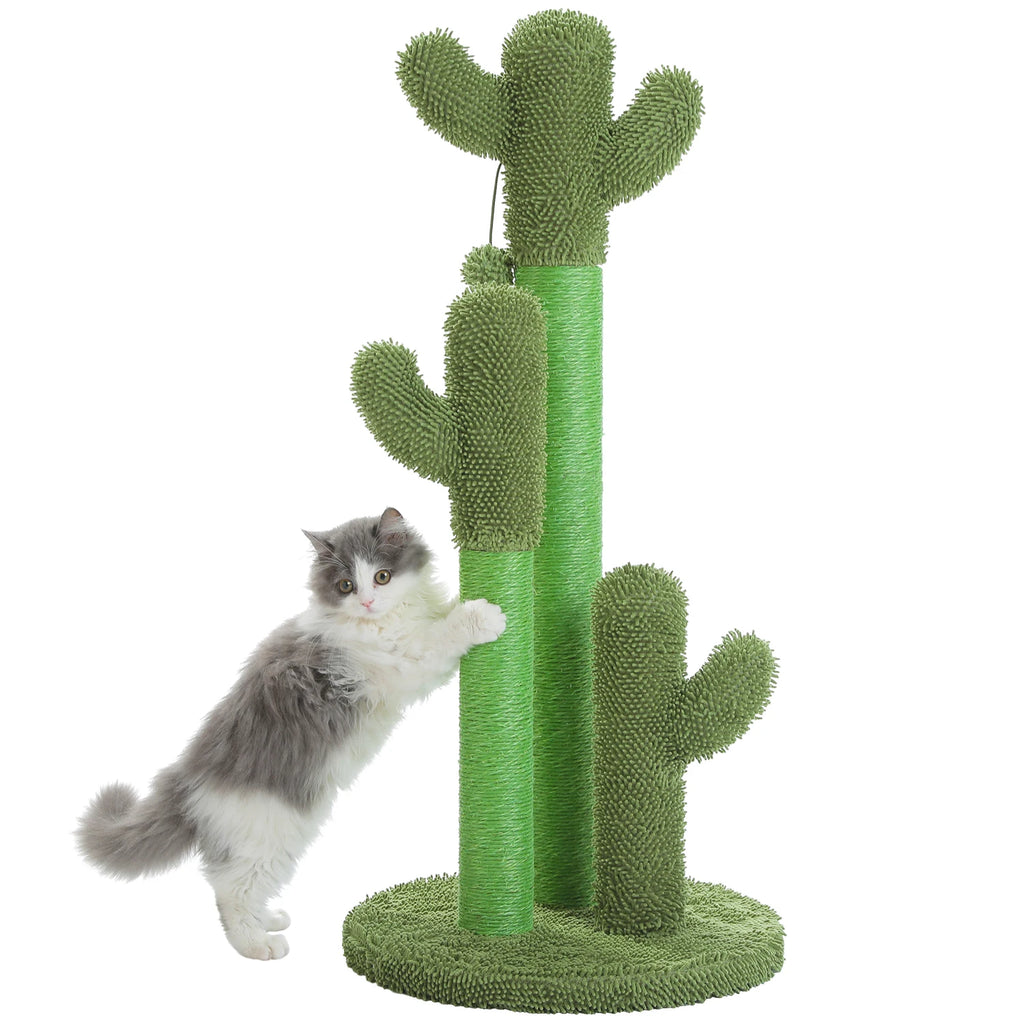 Cat Scratching Post with 3 Natural Scratching Poles and Interactive Dangling Ball, Cactus Cat Scratcher for Indoor, Cat Toys