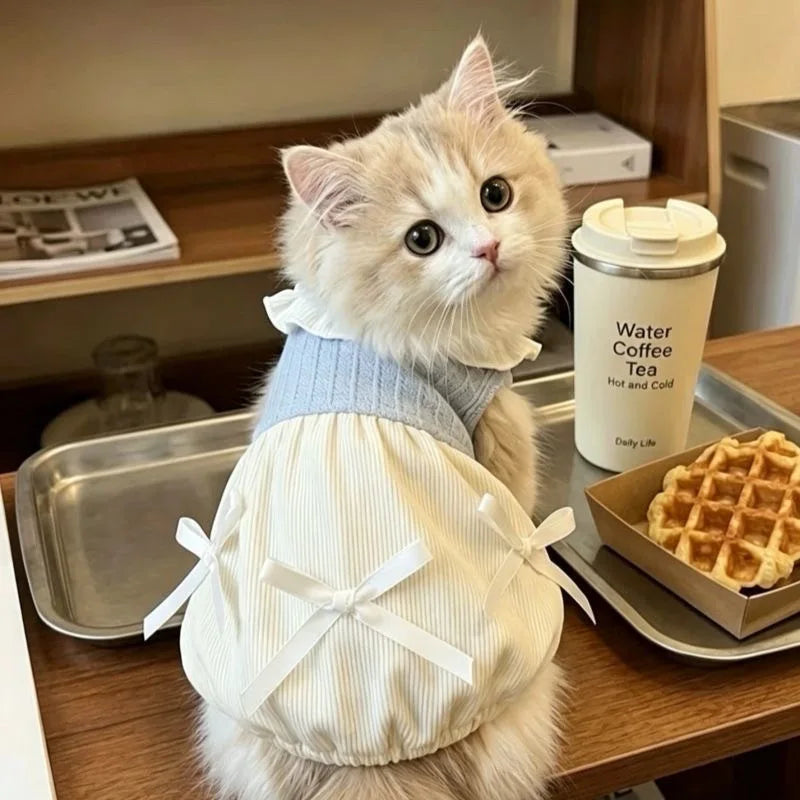 Puppy Dog Dress School Uniform Style, Cute Bow Knit Pet Clothes, Fashion Outfit for Small Dogs Cats