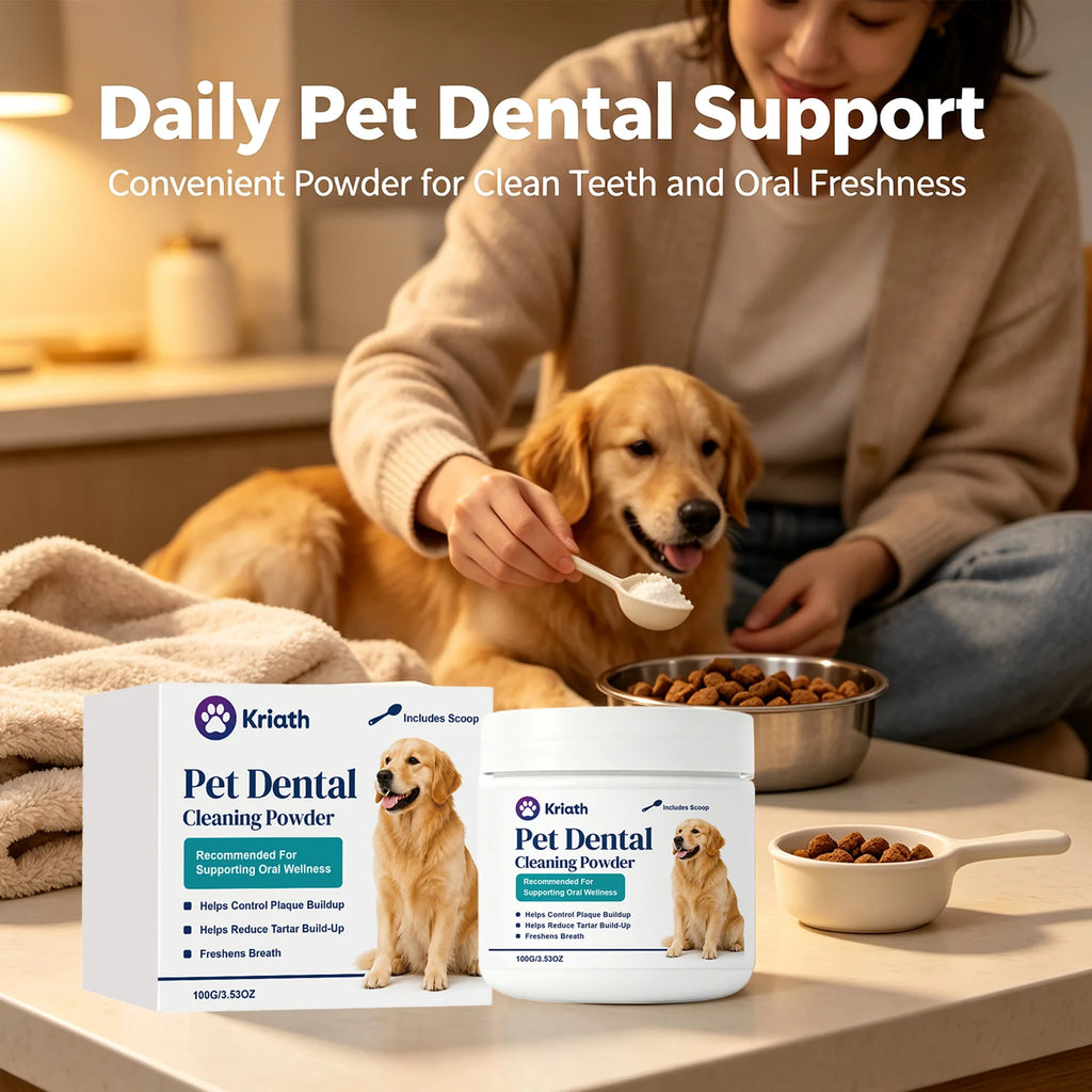 Kriath Pet Dental Cleaning Powder Remove Tartar Reduce Plaque Build‑up Freshens Breath Daily Dog Oral Wellness Supplement Powder