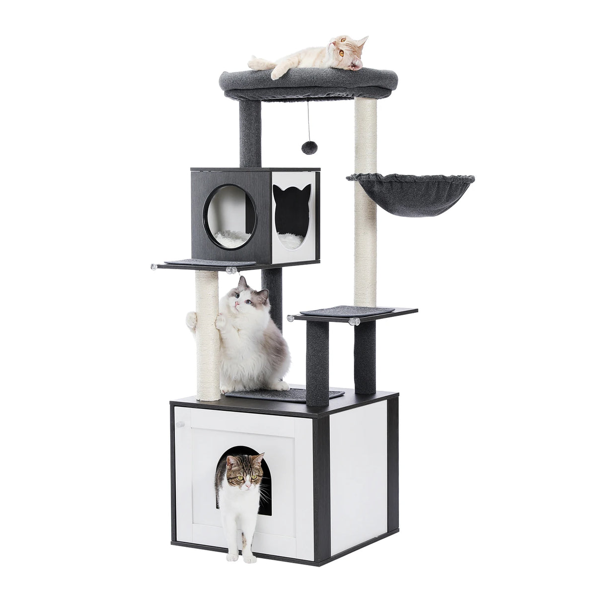 Cat Tree with Litter Box Enclosure Large Wood Cat Tower with Storage Cabinet and Cozy Cat Condo Sisal Covered Scratching Post