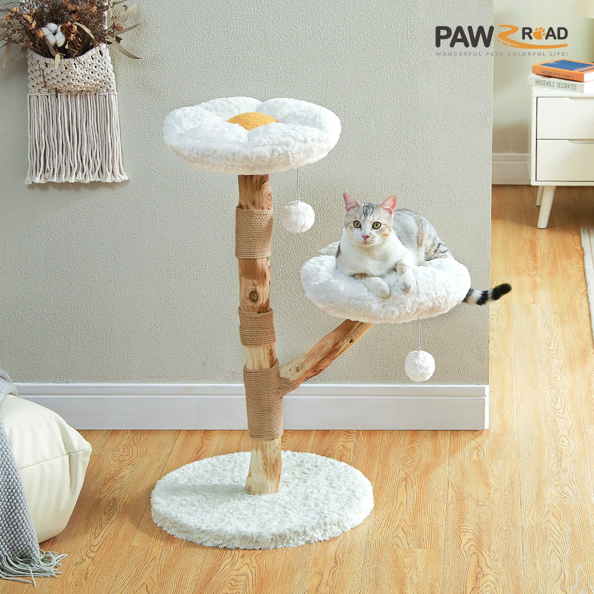 Modern Cat Tree Tower with Natural Solid Wood Scratching Posts Spacious Wicker Basket Luxury Cat Condo Bed for Indoor Cat Toys