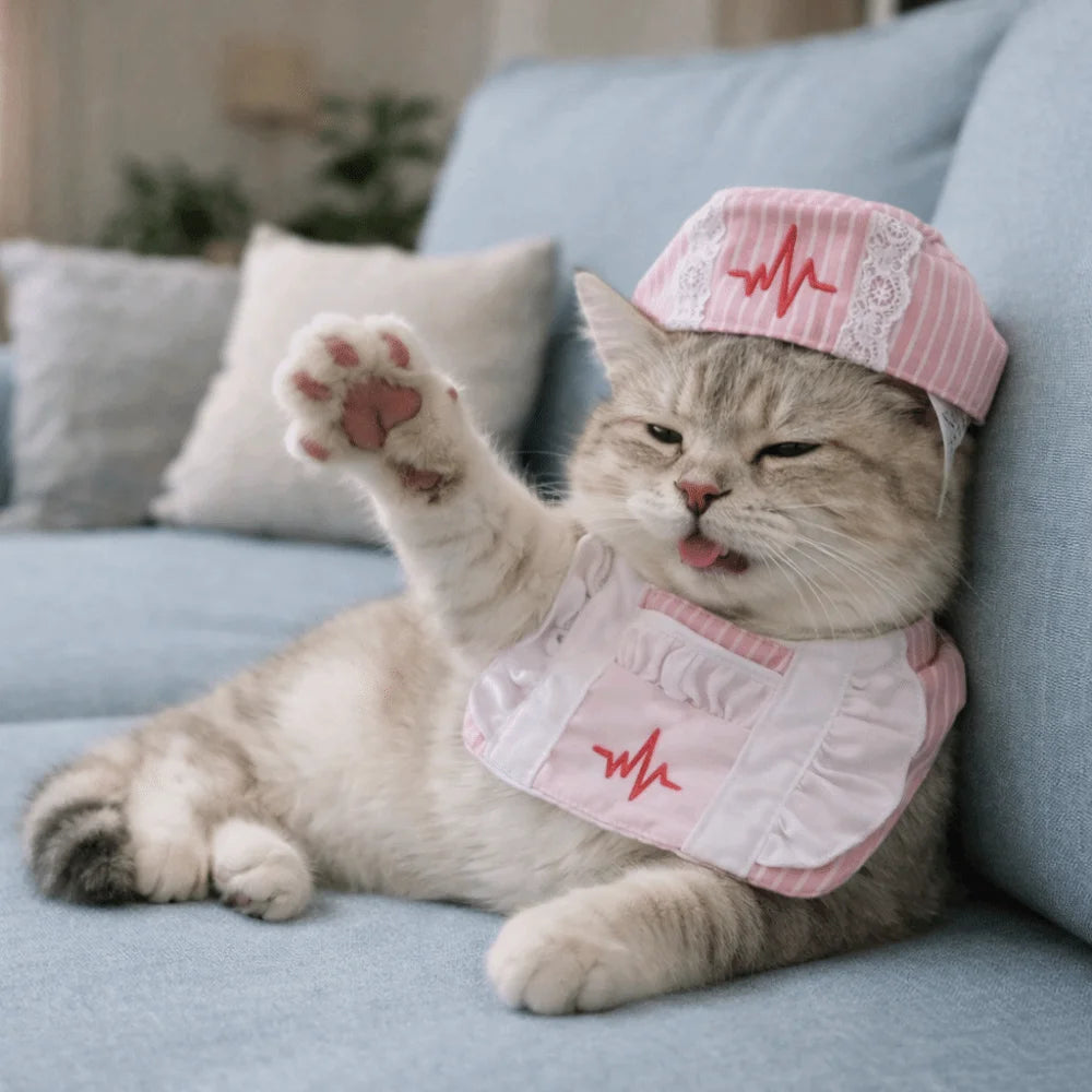 Cat Dog Apparel Funny Cat Nurse Outfit Adjustable Nurse Hat Pet Cosplay Clothes Breathable Cat Transformation Dress Pet Party