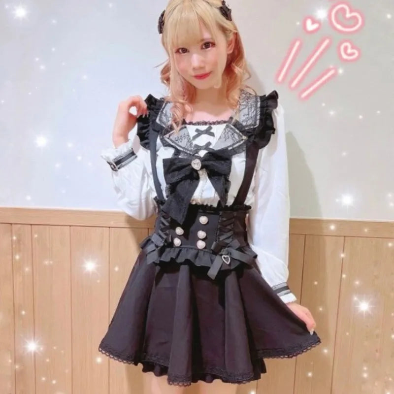 Japanese Gothic Lolita Ribbon Short Suspender plaid Skirt Girls Sweet Cute Lace A-Line Mini Skirts summer2025 black solid kawaii