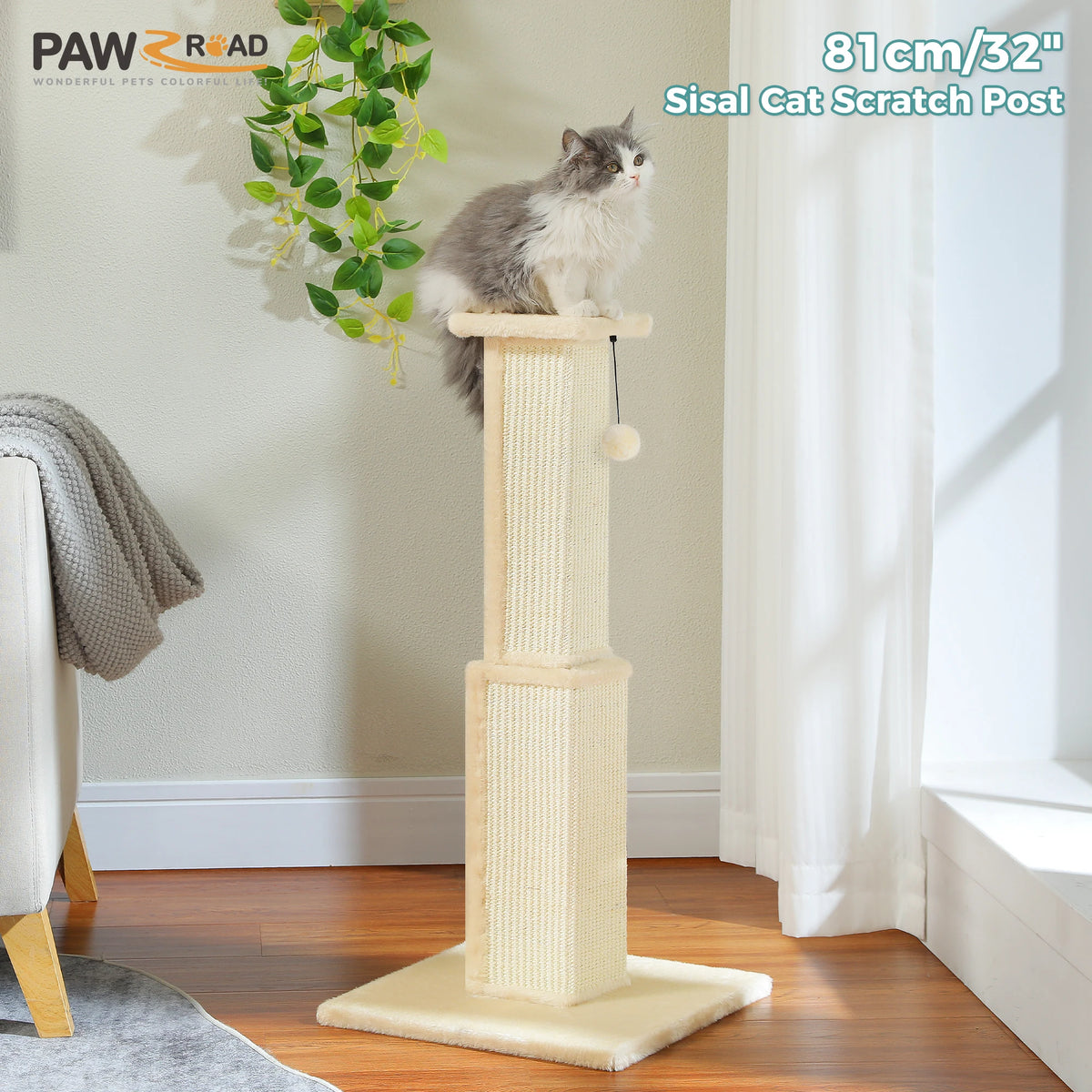 Large Cat Scratching Post for Indoor Cats Adults Ultimate Scratch Post with Woven Sisal Dangling Ball Tall Cat Scratcher Cat Toy