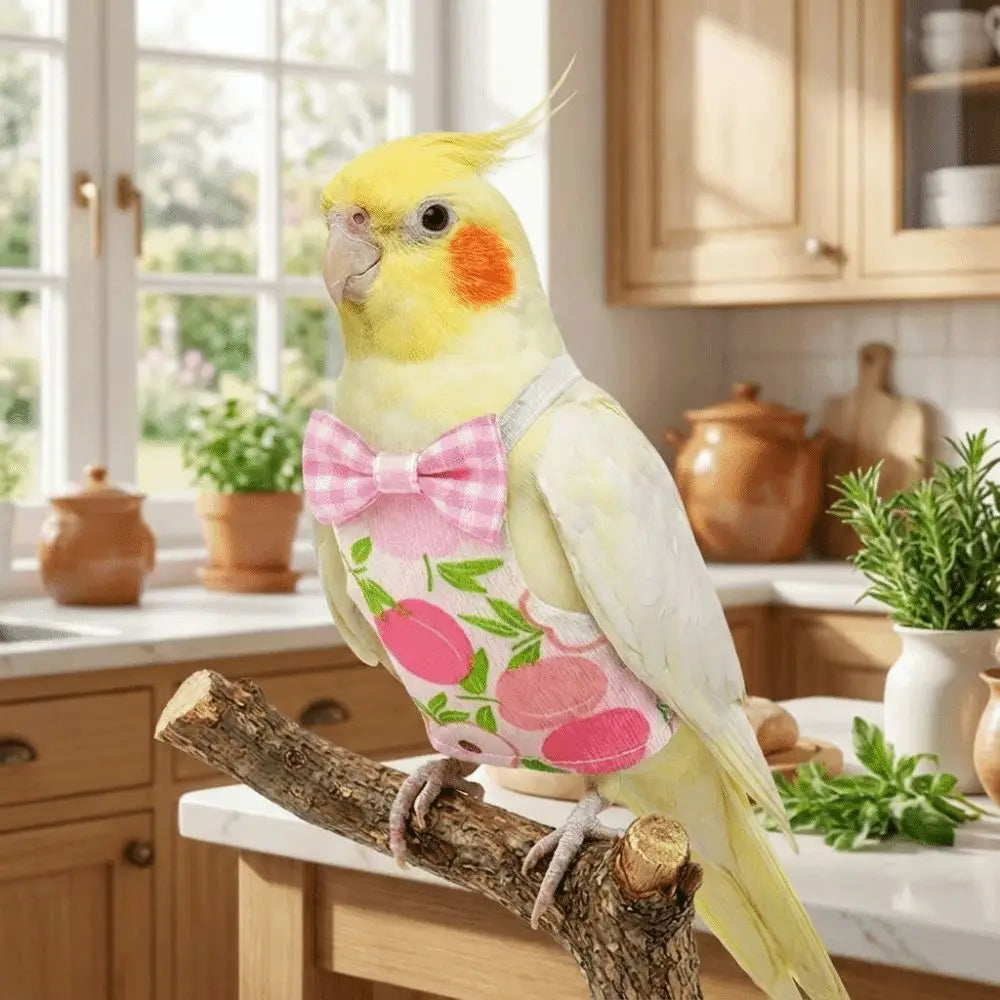 Pet Bird Apron Adjustable Pet Parrot Diaper Breathable Fruit Pattern Bird Nappy with Bowtie Soft Fabric Bird Vest Training
