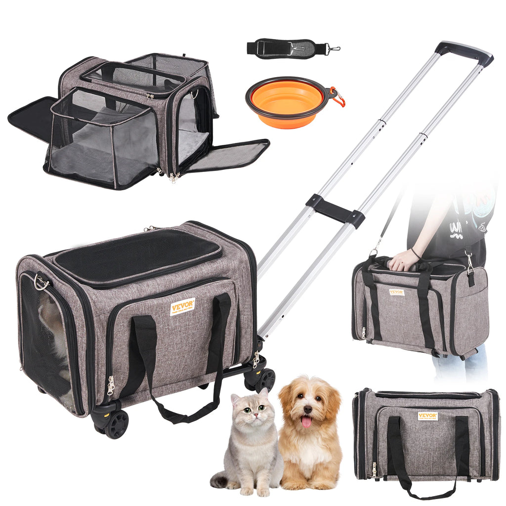 SucceBuy Pet Cat Carrier Breathable Outgoing Dog Carry Backpack with Telescopic Handle Wheels and Shoulder Strap for Travel Trip