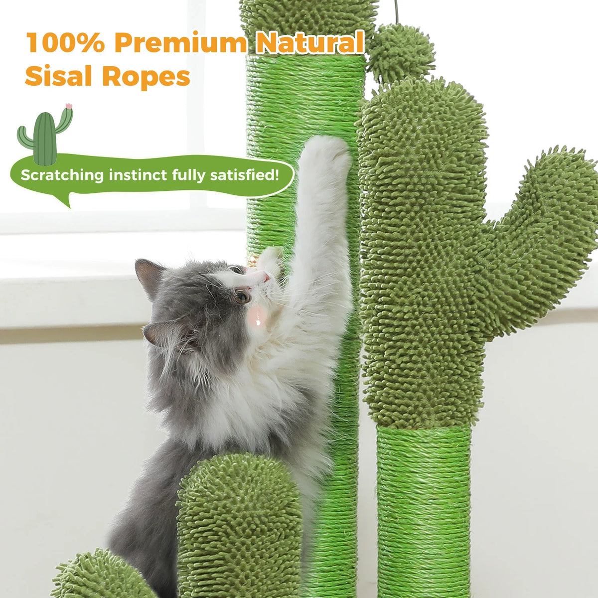 Cat Scratching Post with 3 Natural Scratching Poles and Interactive Dangling Ball, Cactus Cat Scratcher for Indoor, Cat Toys