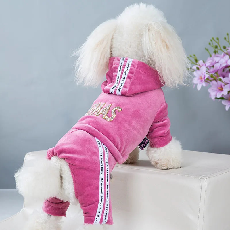 Girl Dog Clothes for Small Dogs Cute Outfits Soft Velvet Puppy Pajamas 4 Legged Jumpsuit Lightweight Pet Tracksuit Cat Apparel
