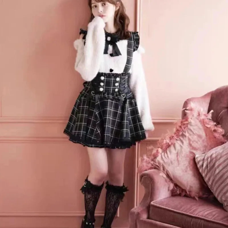 Japanese Gothic Lolita Ribbon Short Suspender plaid Skirt Girls Sweet Cute Lace A-Line Mini Skirts summer2025 black solid kawaii